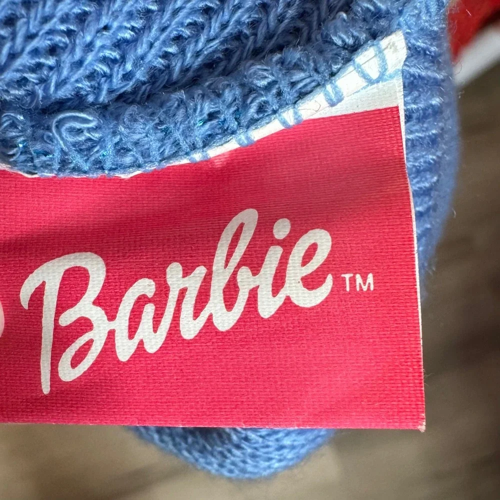 Vintage 2004 Barbie Girls Blue Knit Pom Pom Beanie Hat Glitter Stripe Butterfly